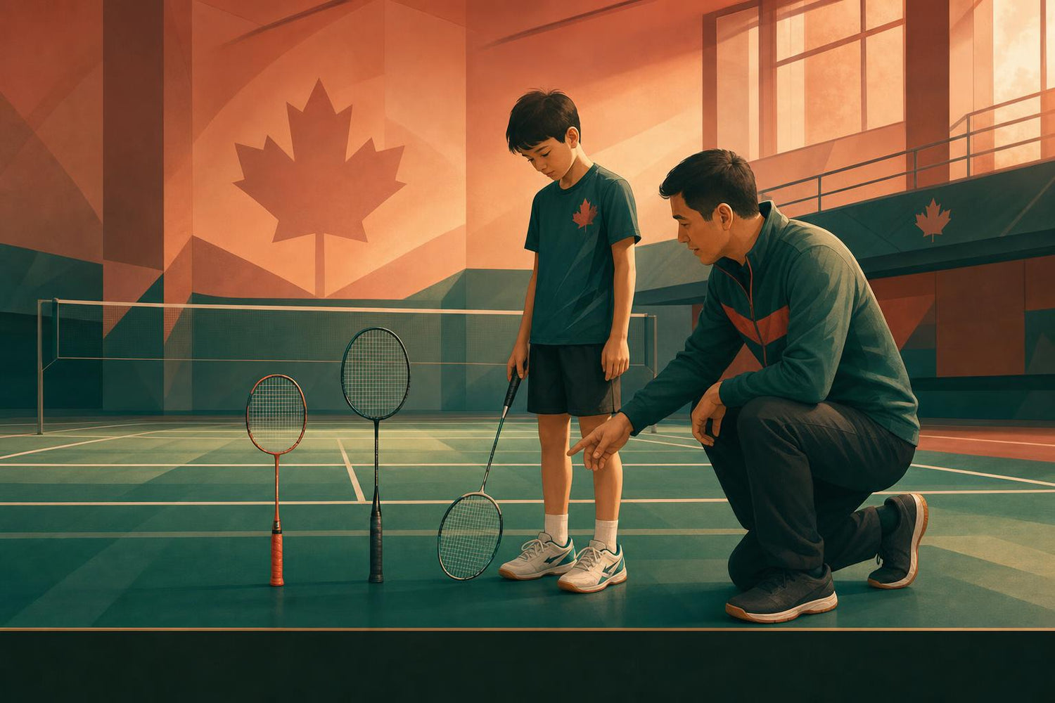 Parent helping a young badminton player compare junior racket sizes on an indoor Canadian badminton court