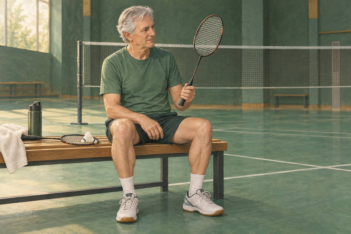 An older club player compares racket handling before choosing a new setup.