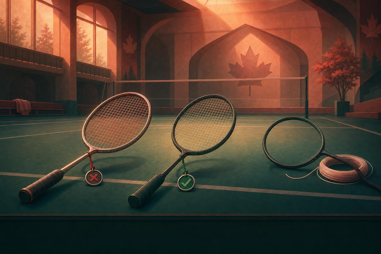 Illustrated badminton court with budget racket options showing a rejected metal frame and approved graphite frames