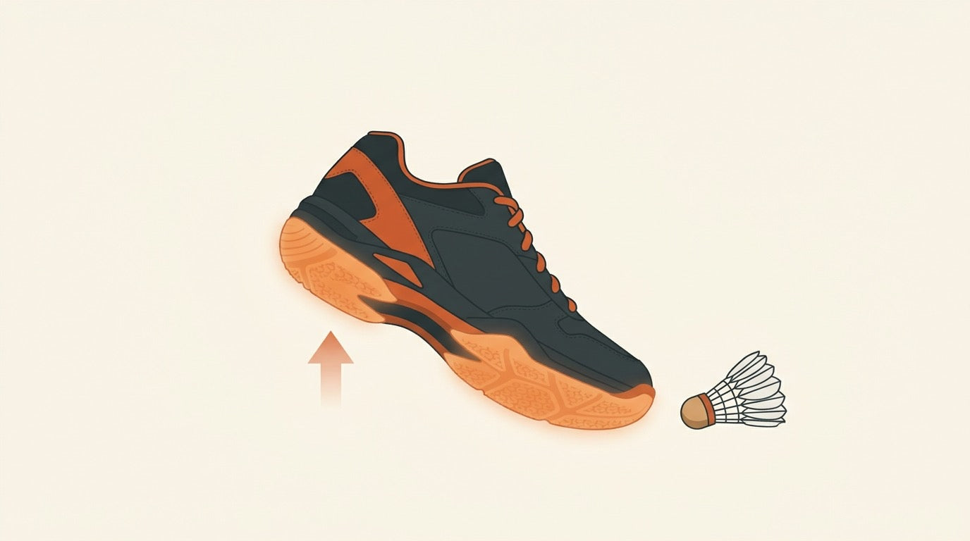 Illustration of an indoor badminton court shoe with a grippy gum-rubber sole beside a shuttlecock