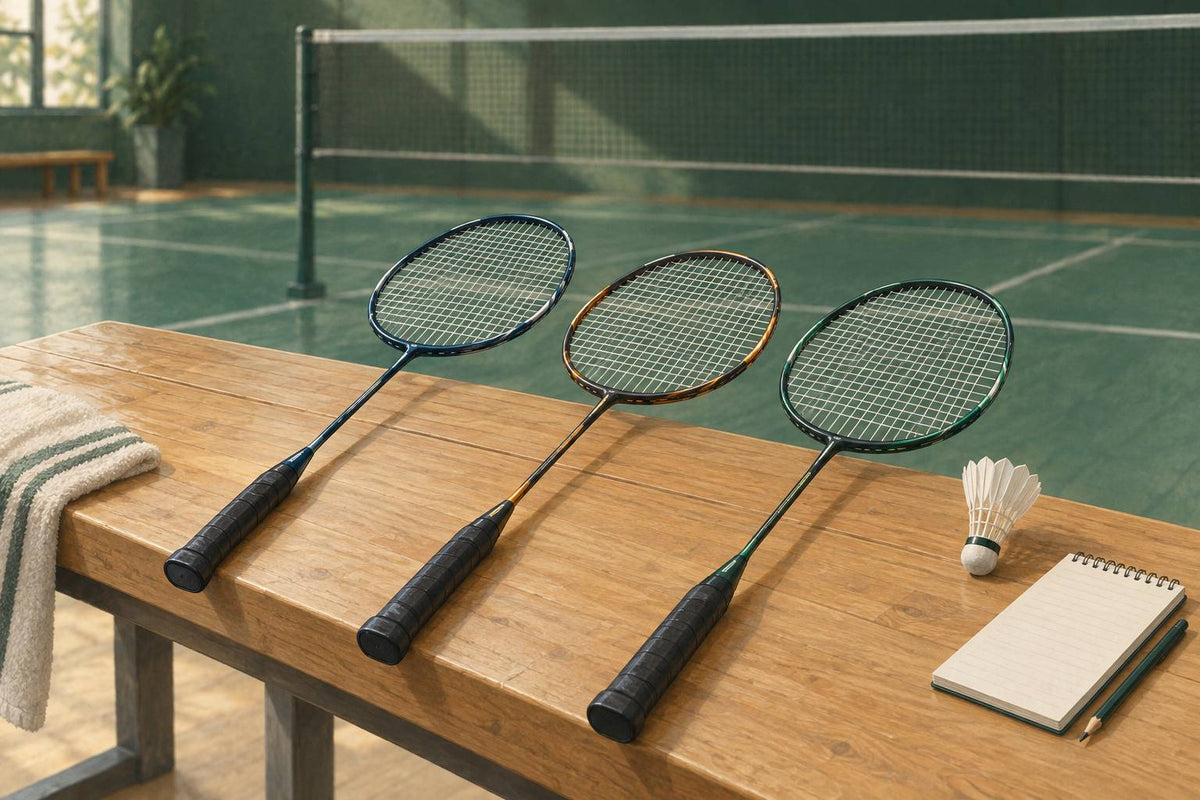 Three badminton rackets illustrate how weight, balance and shaft flex shape a useful shortlist.