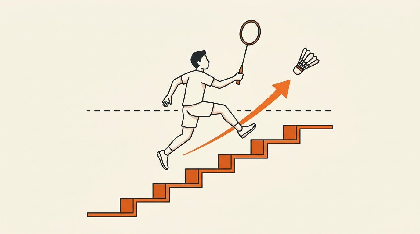 Illustration of an intermediate badminton player breaking a plateau with better movement, smash preparation and net touch practice.