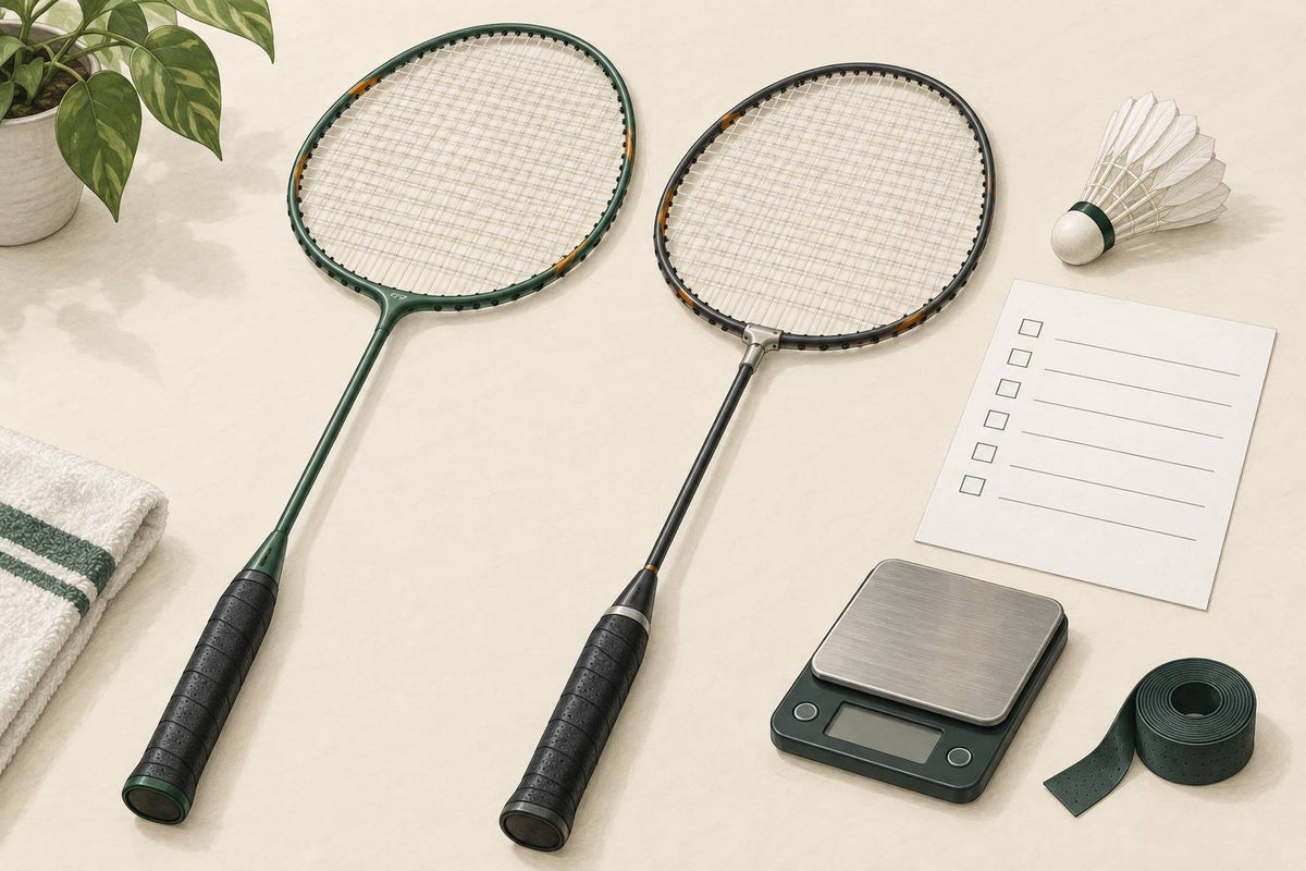Editorial still life of two badminton rackets and items used to compare their specifications.