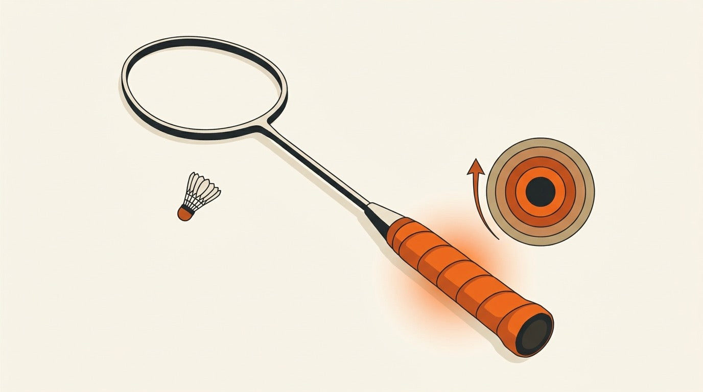 Two badminton racket handles showing a thin grip and a built-up layered grip on a Canadian-style indoor court