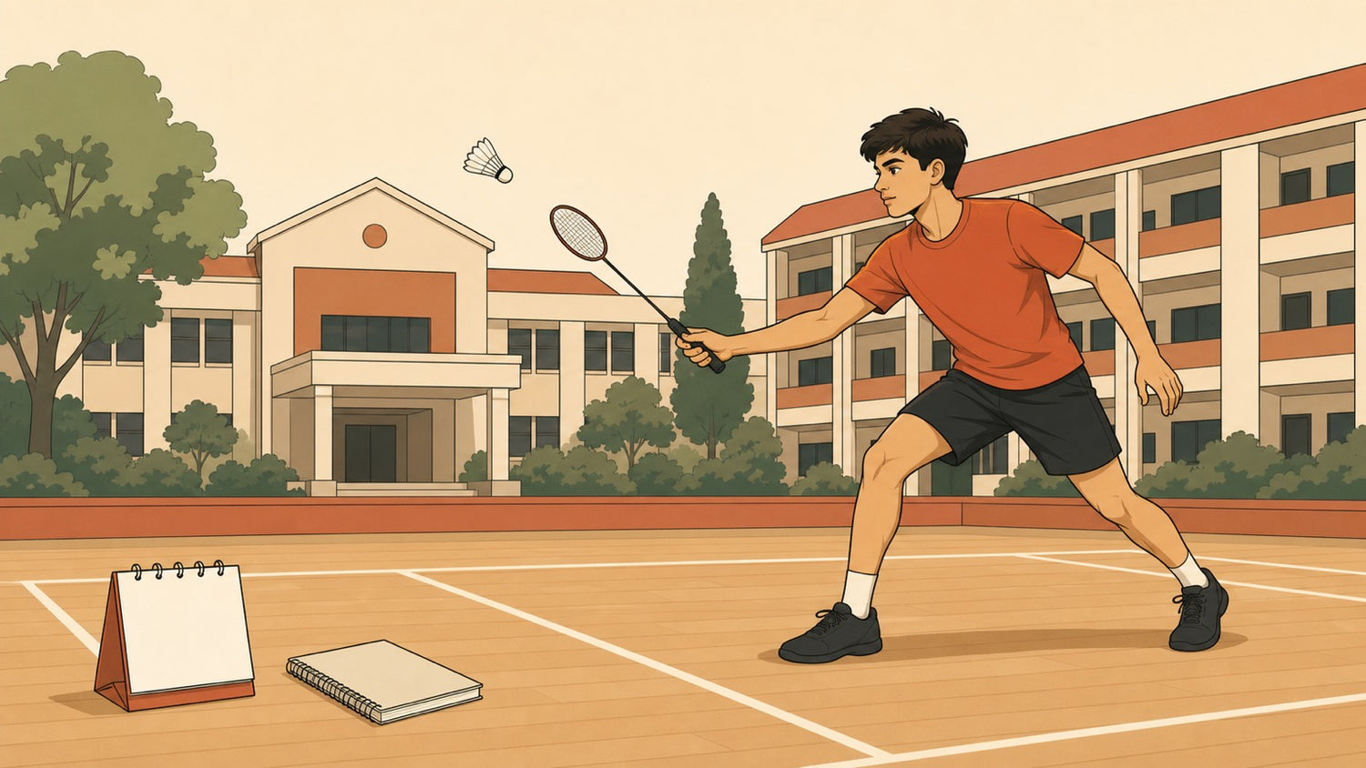 Flat vector banner of a youth badminton player at a residential sports school court with hostel buildings in the background