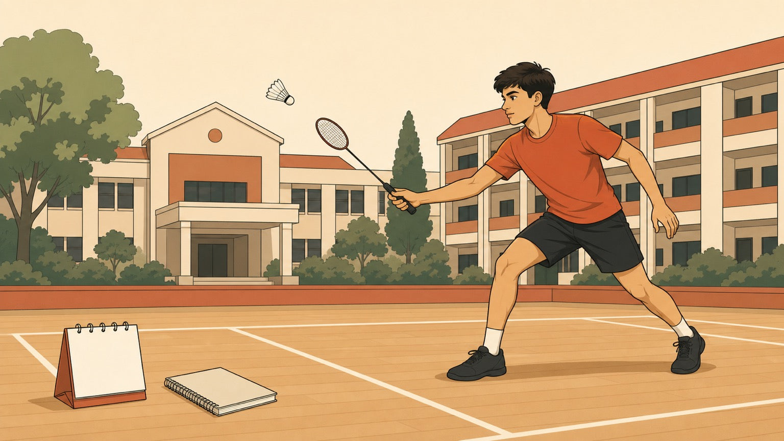 Flat vector banner of a youth badminton player at a residential sports school court with hostel buildings in the background