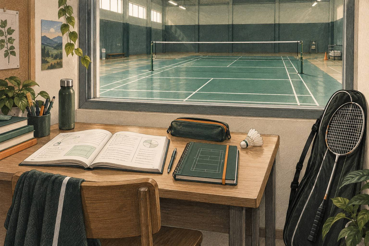 Editorial study-and-training still life representing a residential sports-school routine.