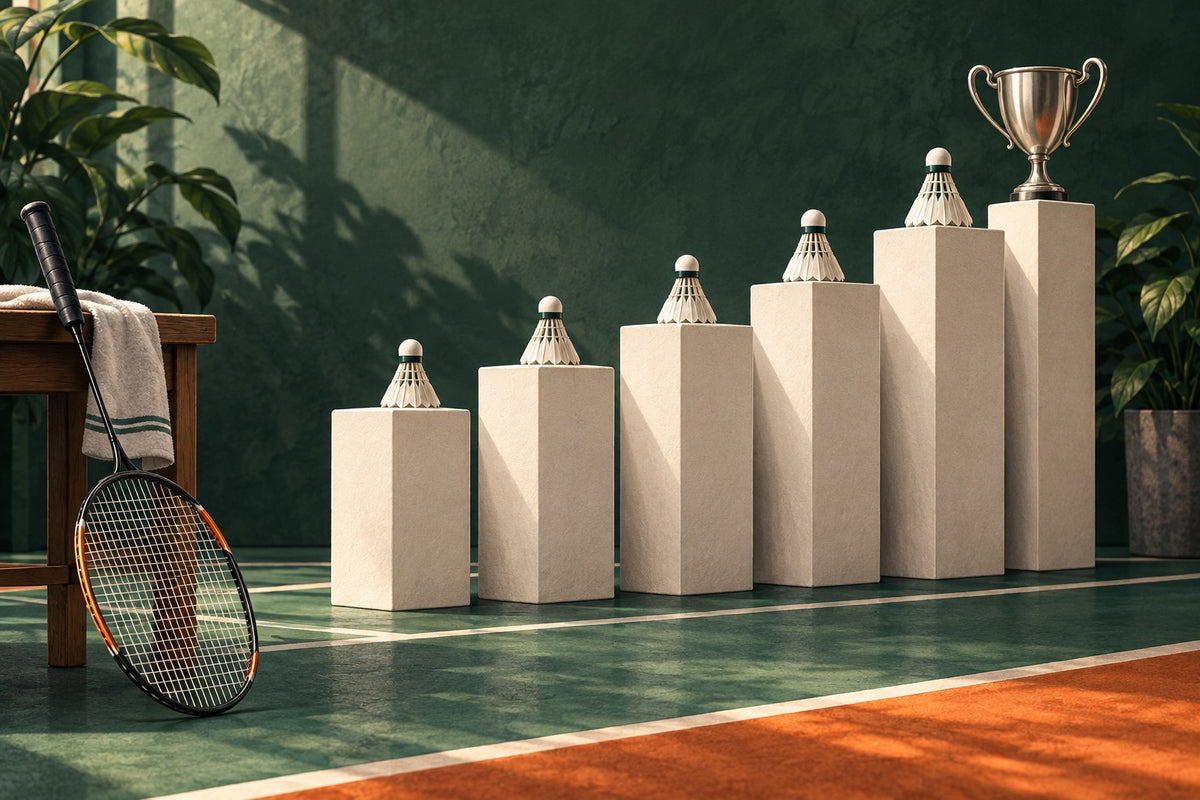 Conceptual editorial illustration of six badminton tournament tiers.