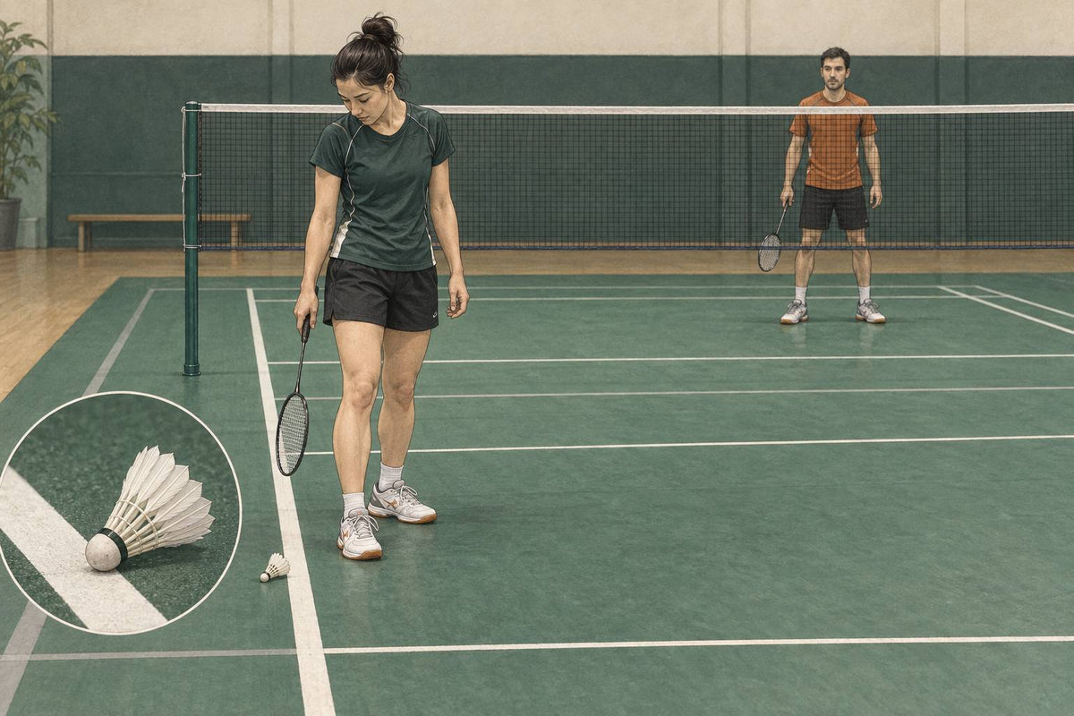 Editorial illustration of a near-side player checking a grounded shuttle on a singles boundary line.