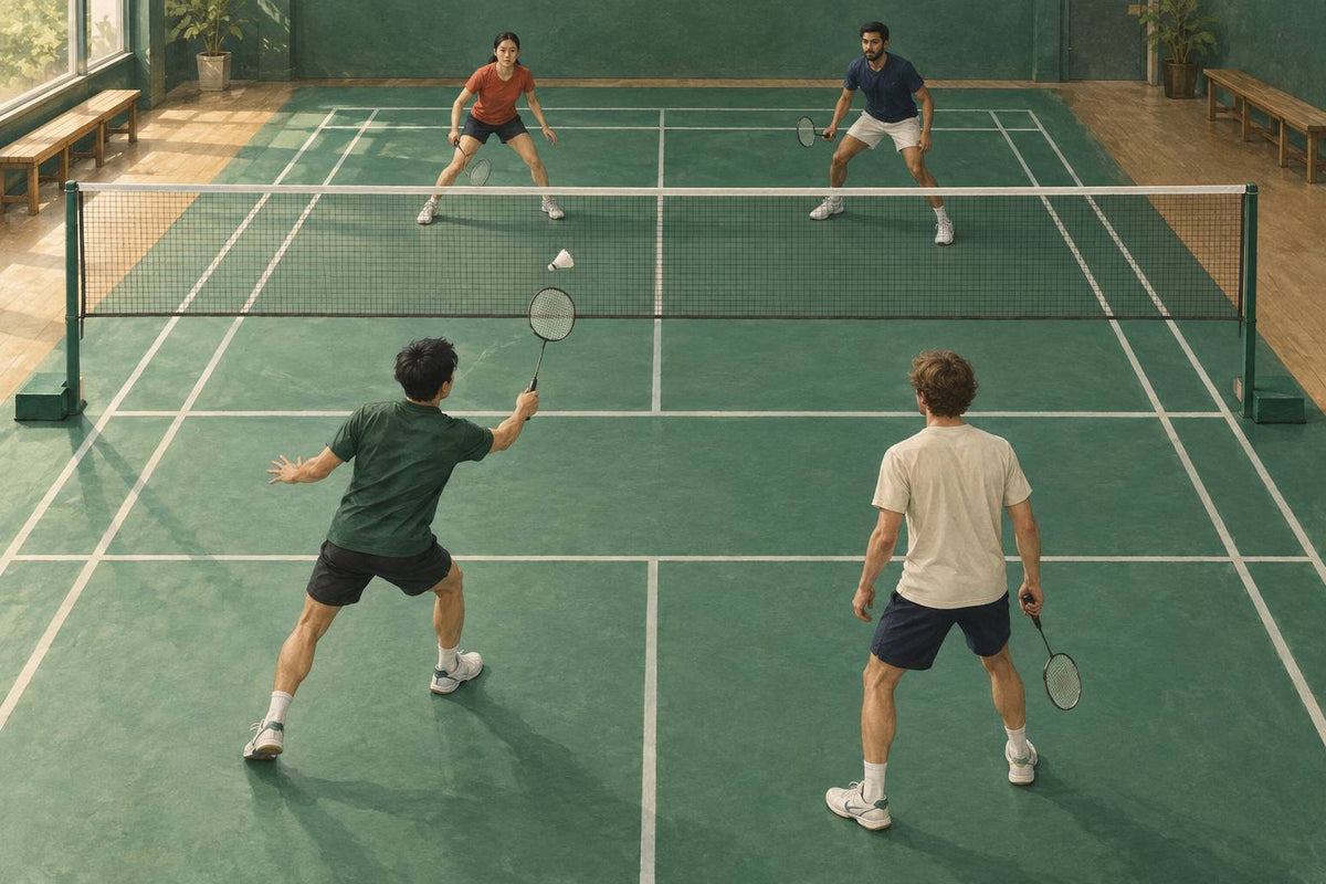 One doubles partner takes the incoming shuttle while the other leaves space for that single return.