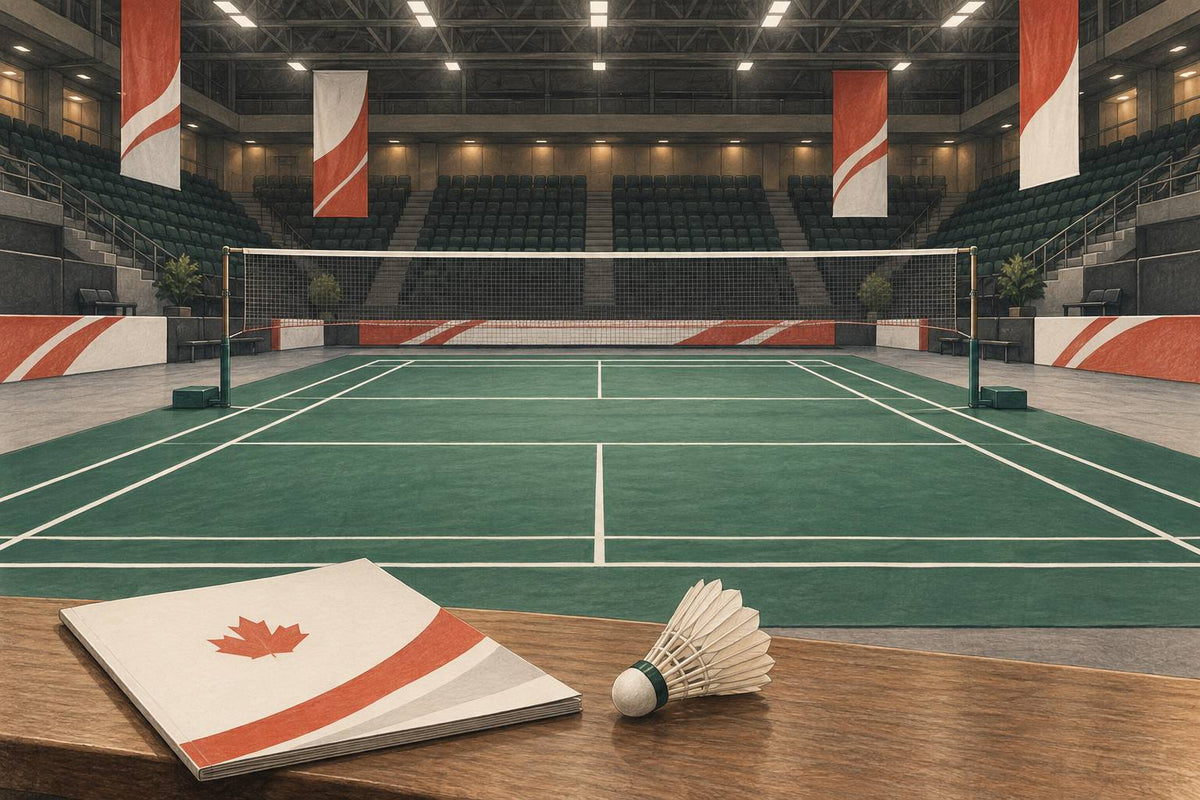 Editorial badminton arena concept for the archived 2026 Canada Open guide.