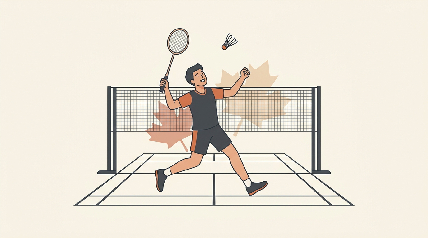Flat vector illustration of a badminton player leaping to strike a shuttlecock over a high net, with maple-leaf accents evoking the Canada Open in Markham.