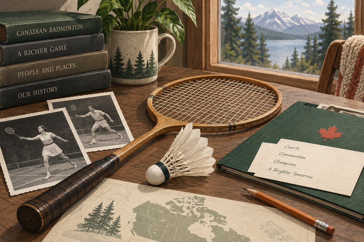 Archive materials and a wooden racket introduce Canada’s early badminton organizations and champions.