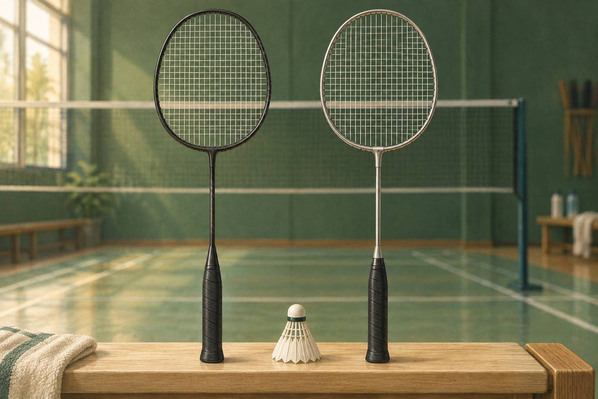 A graphite frame and a metal-frame racket illustrate two construction choices without implying performance from appearance alone.