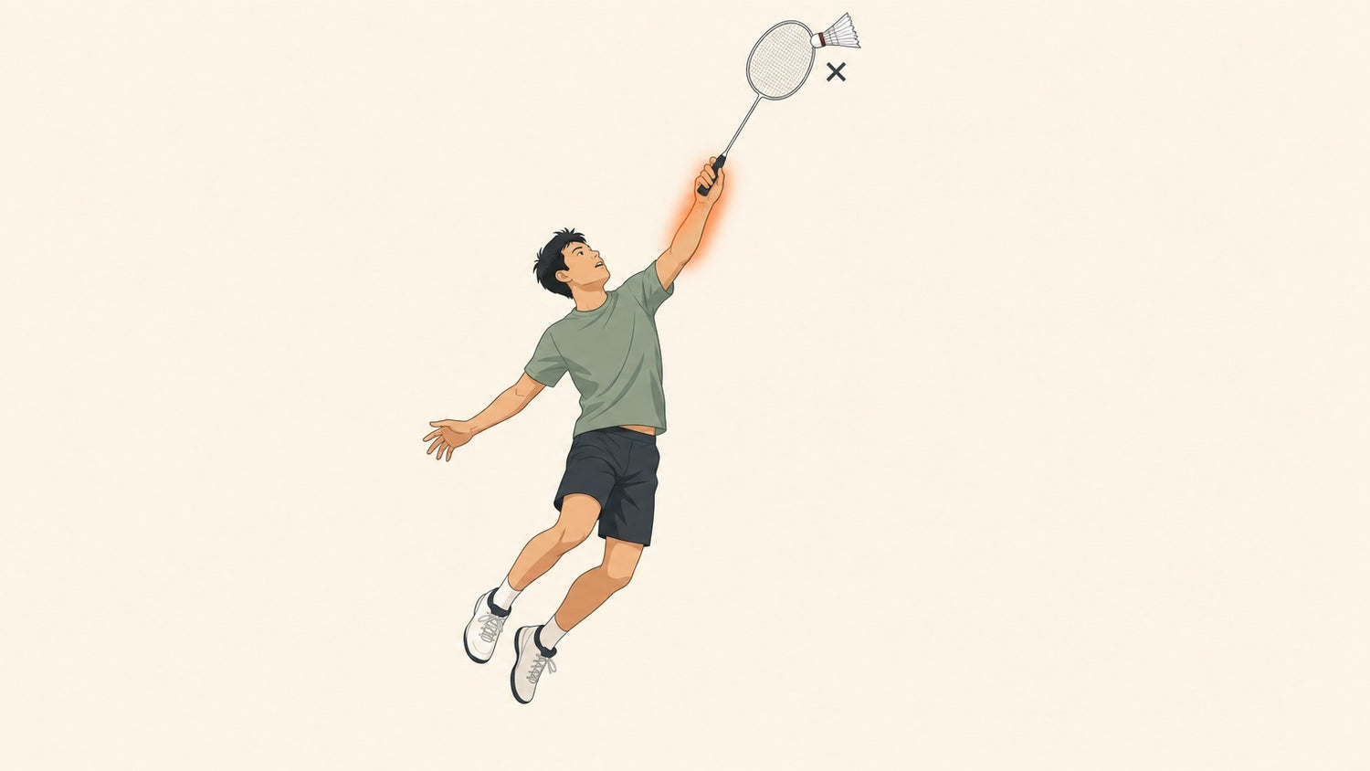 Flat vector illustration of a badminton player mid overhead swing whose shuttlecock glances off the racket frame, marked with a small cross, showing a temporary dip while changing technique.
