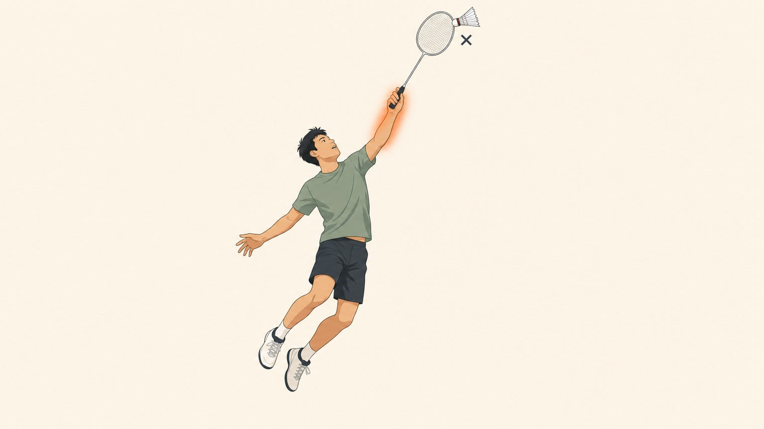 Flat vector illustration of a badminton player mid overhead swing whose shuttlecock glances off the racket frame, marked with a small cross, showing a temporary dip while changing technique.