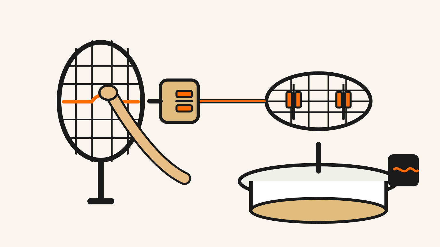 Une main vérifie le cordage d’une raquette de badminton pendant qu’une installation distincte de pose de cordage calibrée montre les limites de la mesure.