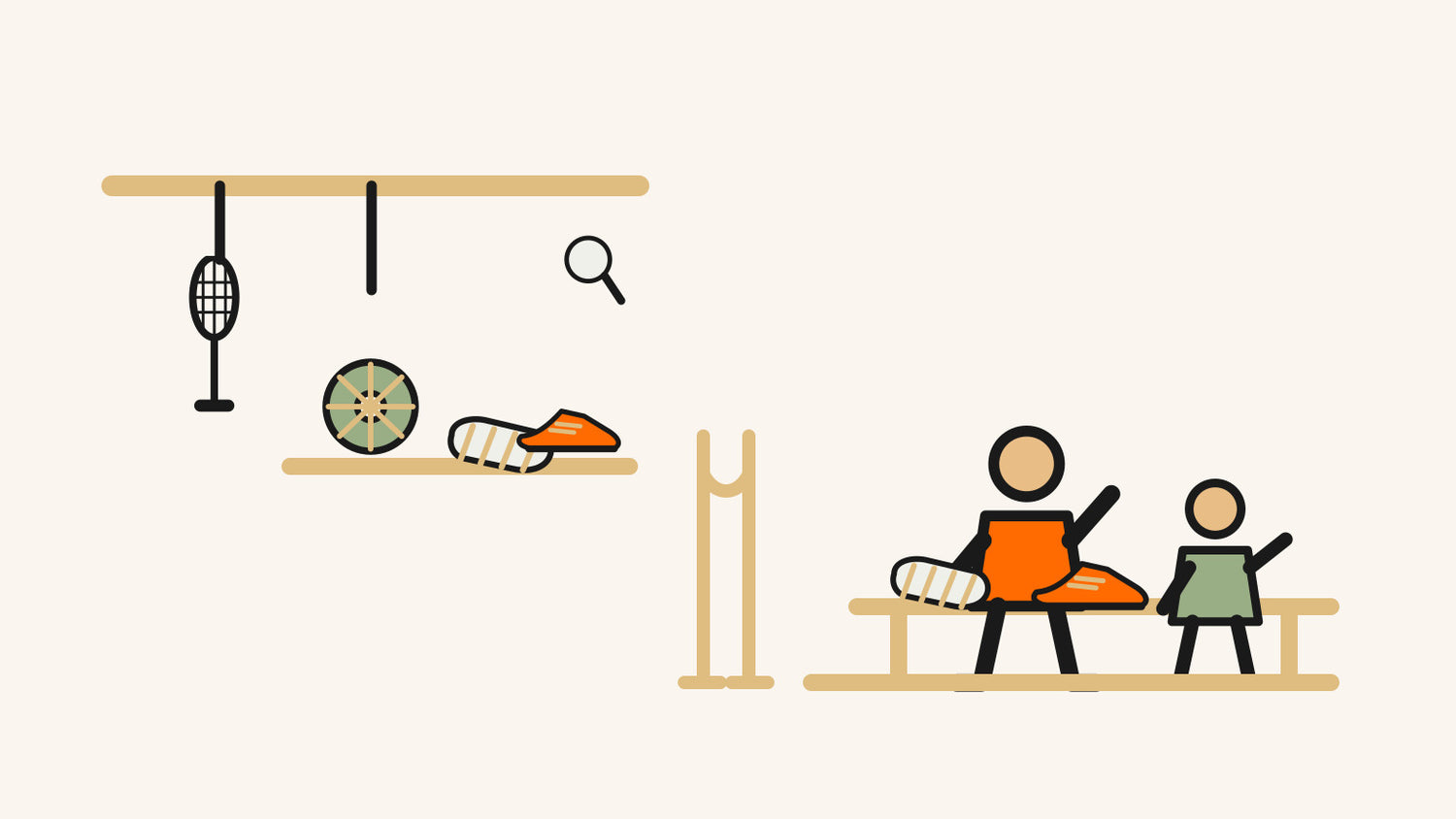 Un rail physique présentant des catégories sans marque de raquettes de badminton, de cordage, de grips et de chaussures est séparé d’une discussion individuelle sur l’ajustement d’une personne qui joue