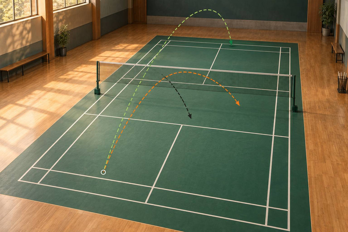 Three schematic flight paths introduce the rear-court clear, front-court drop and downward attacking smash.