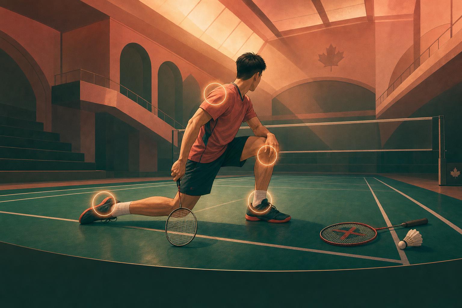 Illustrated badminton players demonstrating safe landing, lunging, overhead, and rear-court movement mechanics on an indoor court