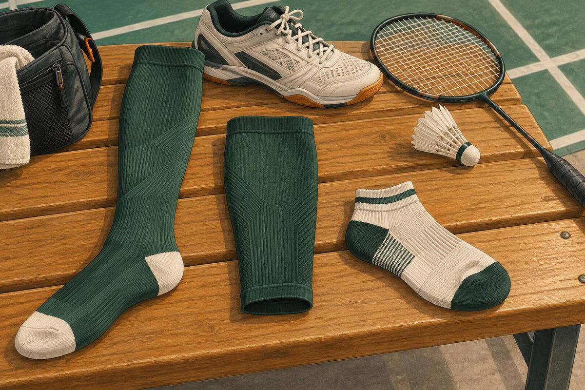 Editorial comparison of a tall full-foot sock, open-ended calf sleeve and ordinary sports sock beside a court shoe.