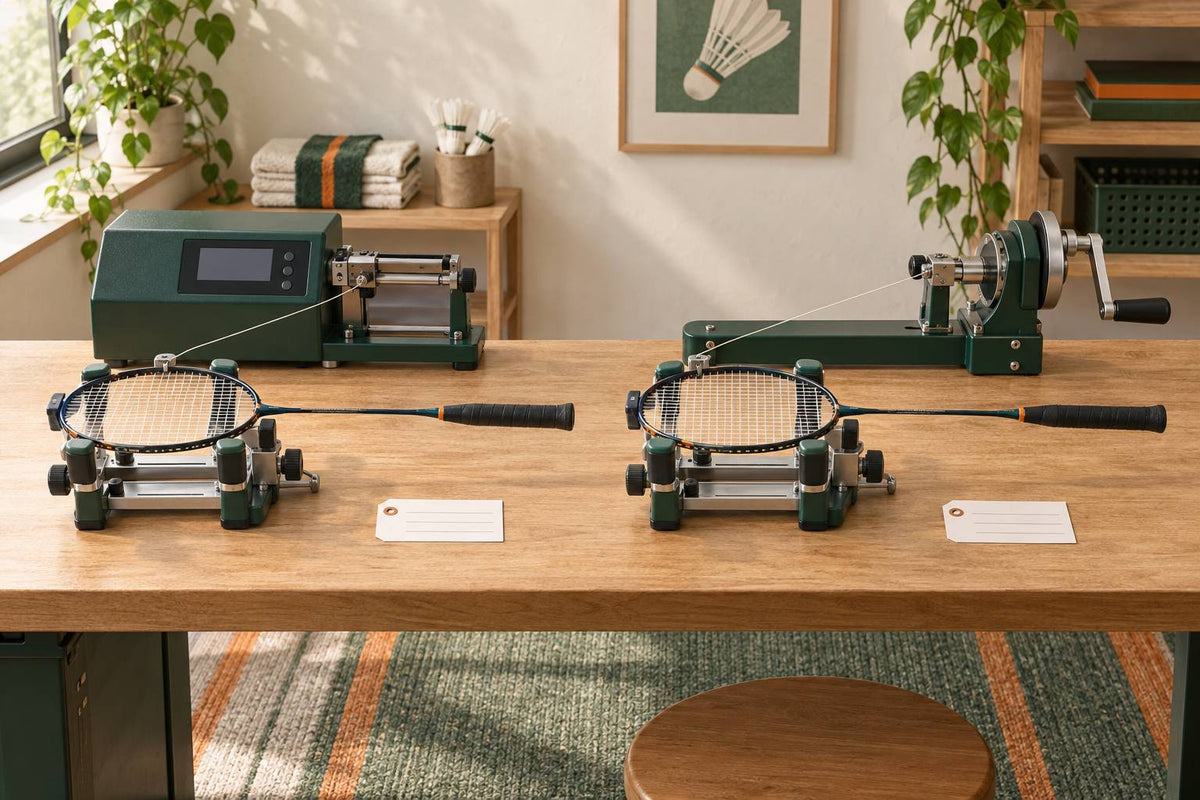 An electronic tension head and a crank head illustrate two ways to manage the pull before a string is clamped.