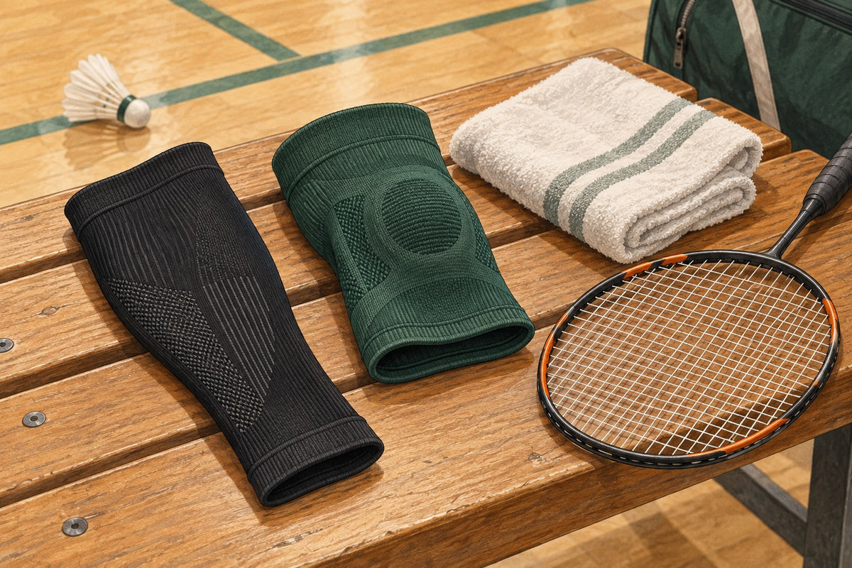 Flexible compression sleeves sit beside ordinary badminton kit as optional comfort equipment