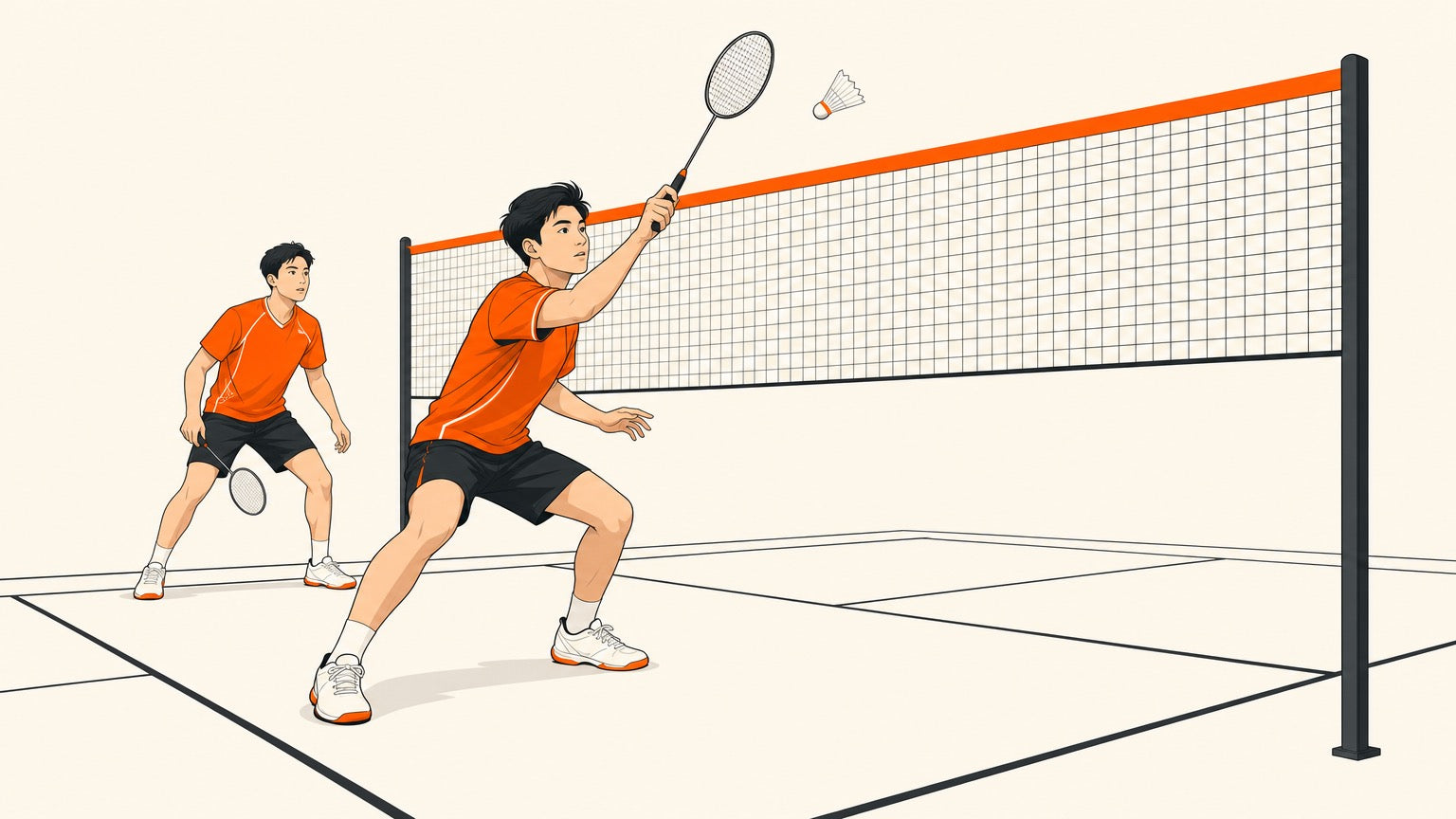 Illustration of a doubles front-court badminton player holding the racket high to intercept at the net