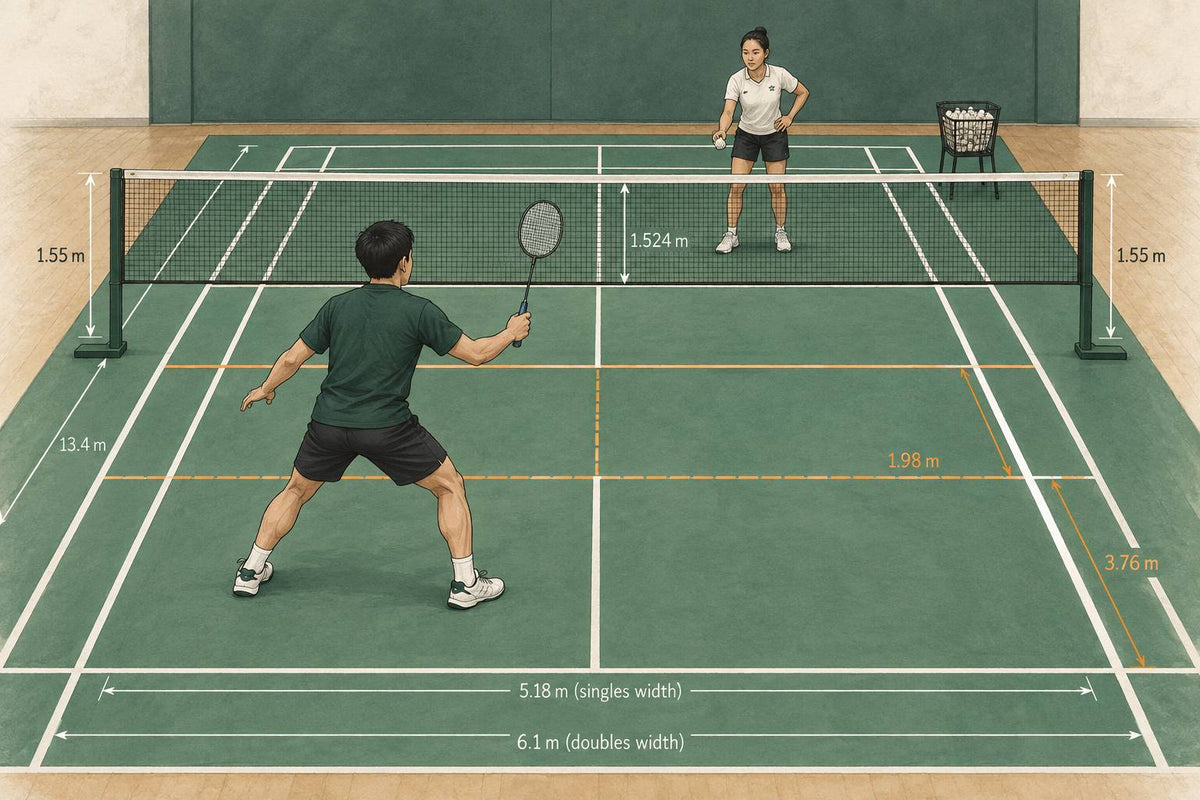 Editorial illustration of a two-person badminton net-interception drill before the next feed.
