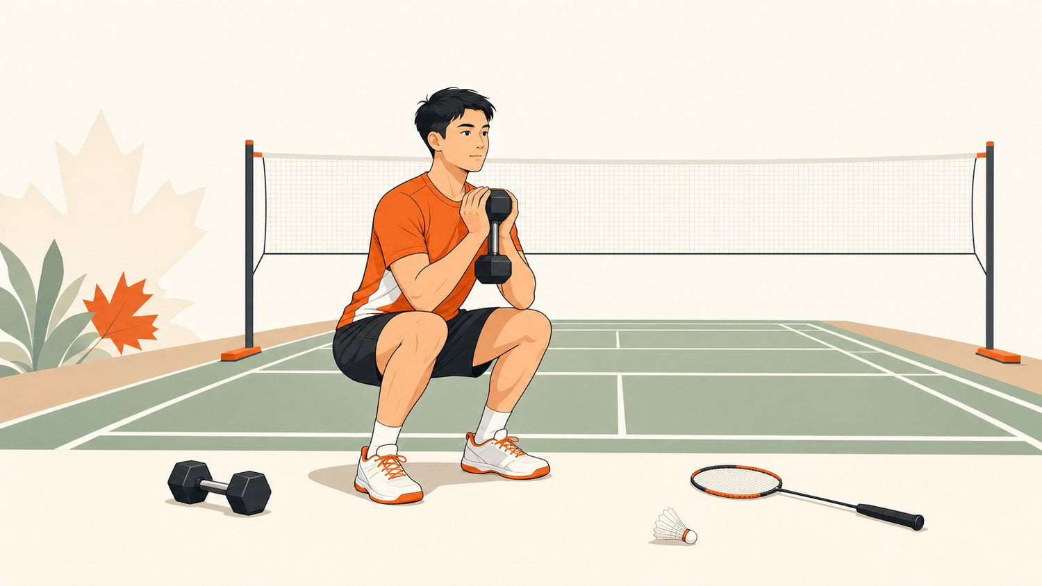 Badminton player doing a dumbbell squat beside a badminton court with racket and shuttlecock nearby