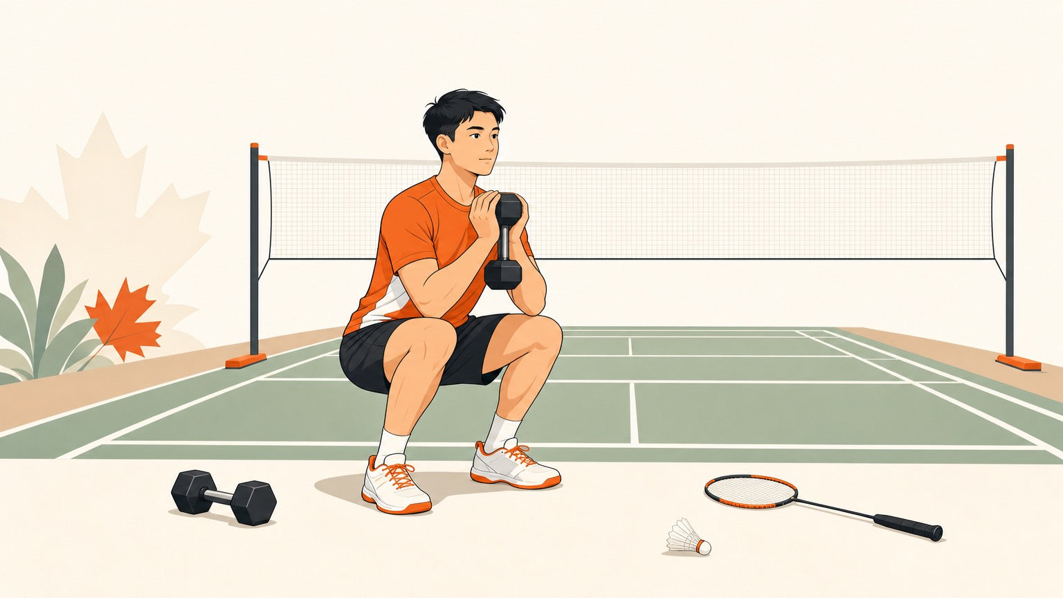 Badminton player doing a dumbbell squat beside a badminton court with racket and shuttlecock nearby