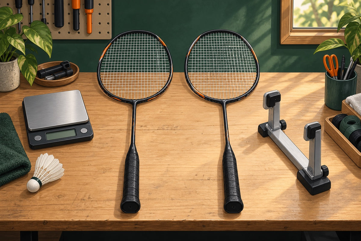 Editorial illustration of two generic badminton rackets prepared for a fair comparison.