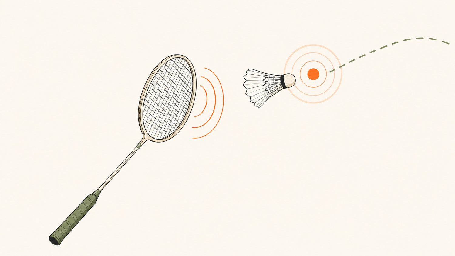 Badminton racket sending a shuttlecock cork-first with simple target, sound, and trajectory cue symbols.