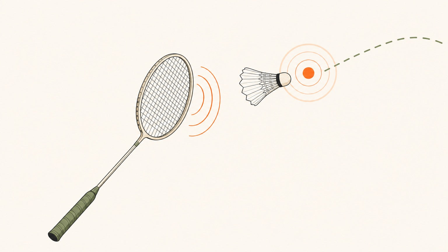 Badminton racket sending a shuttlecock cork-first with simple target, sound, and trajectory cue symbols.