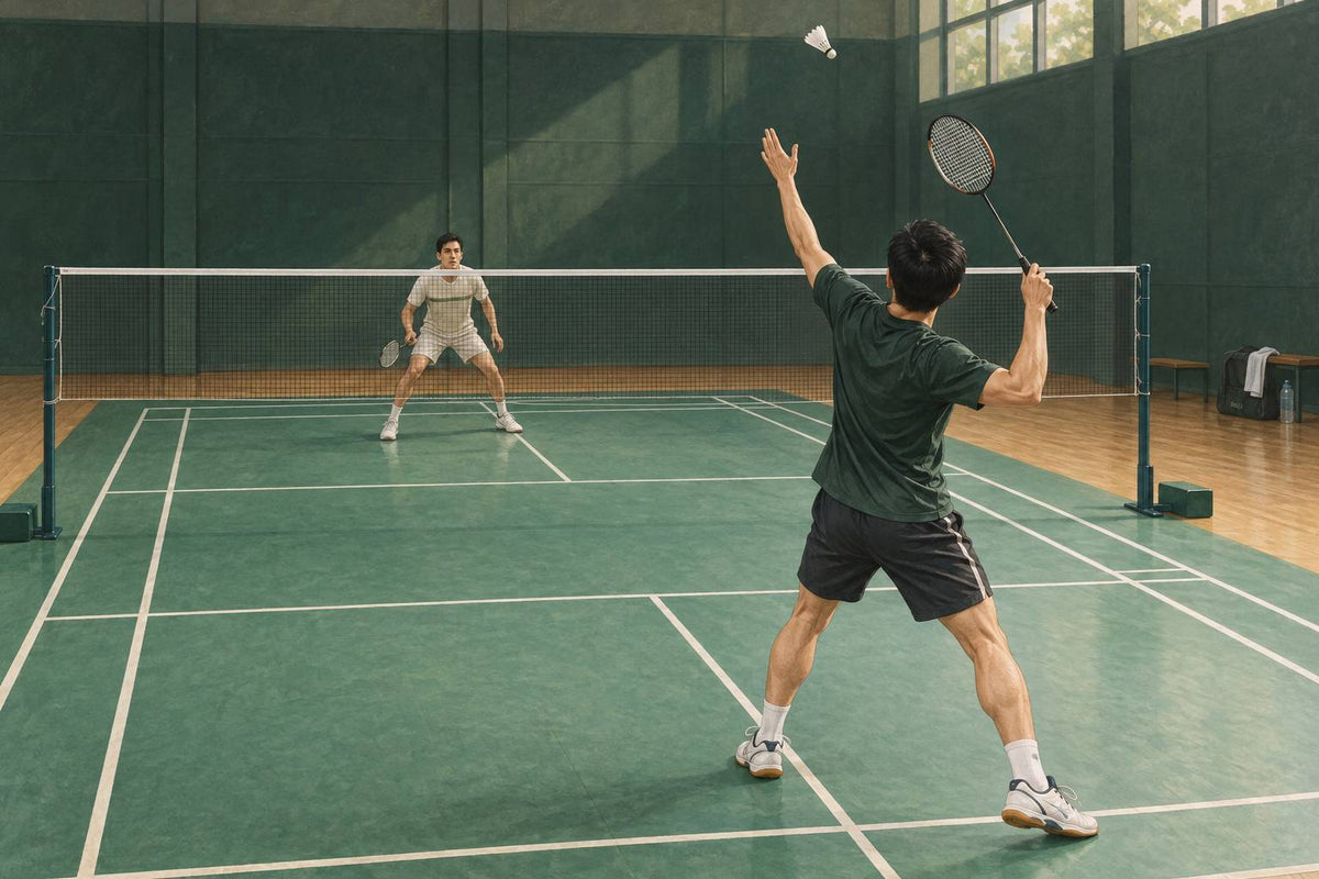 The hitter prepares an overhead that could become a smash or a slower shot into the front court.