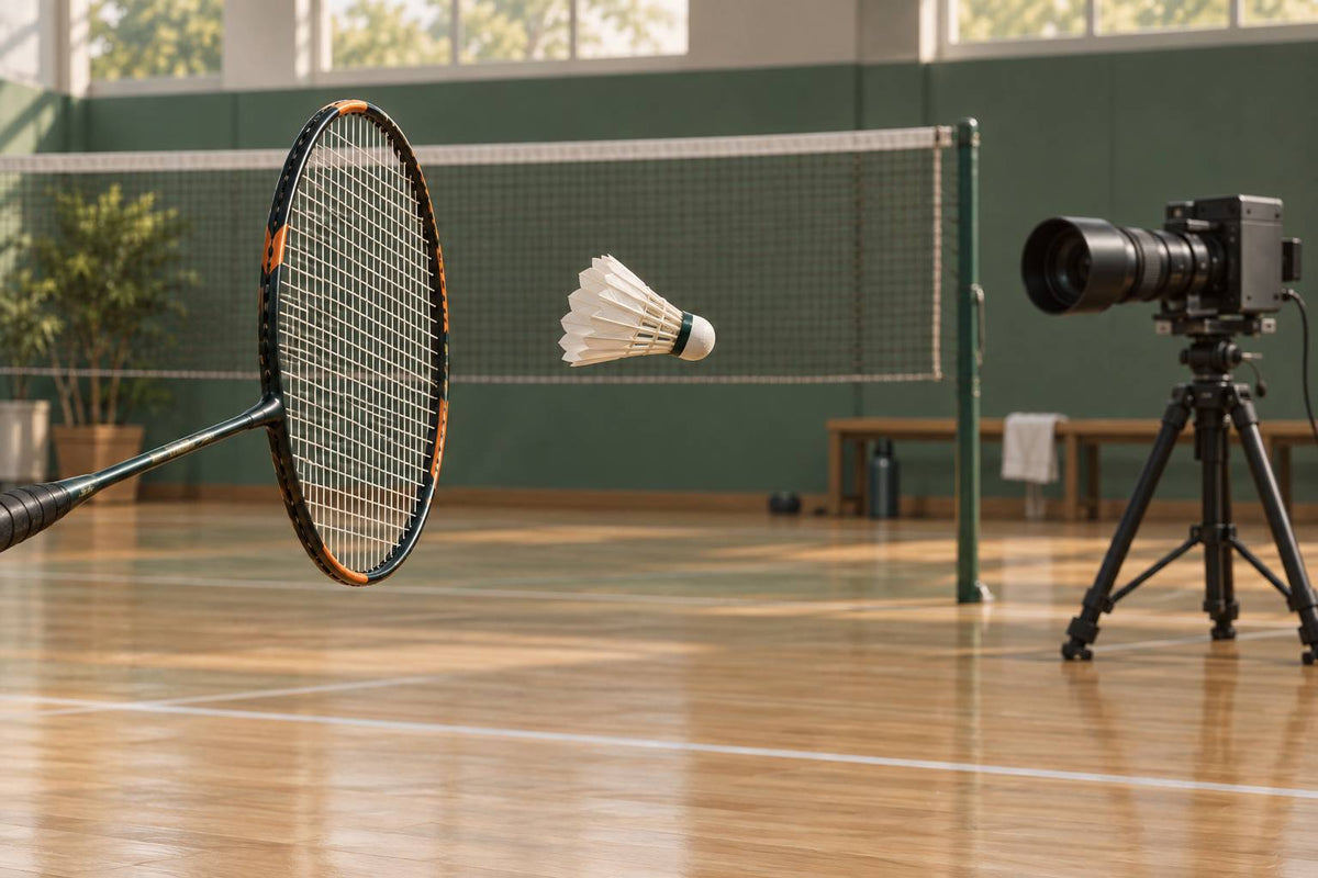 A high-speed camera measures a shuttle immediately after impact in a controlled test setting.