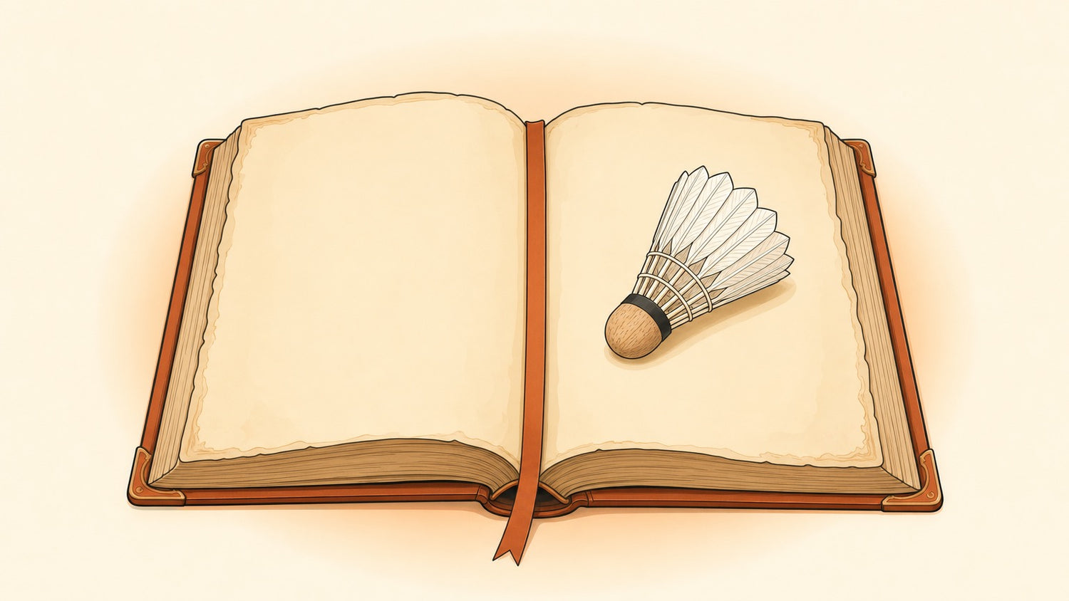 Flat vector illustration of an open antique rulebook with blank pages and a feathered shuttlecock resting on it