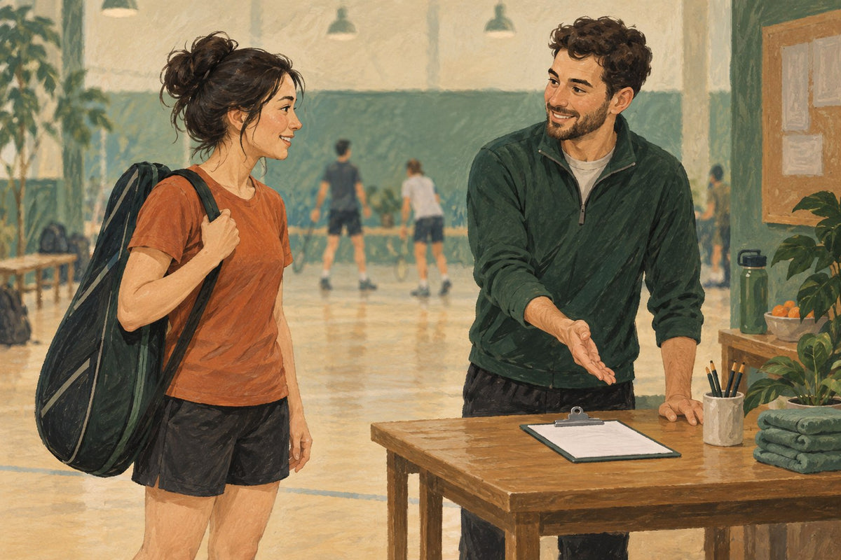 Illustration of a player with a racket bag being welcomed at a gym check-in table; not a photograph of the venue or attendees.