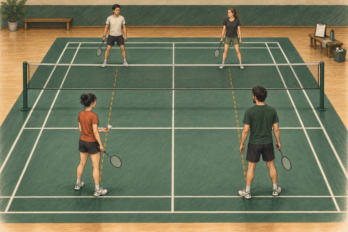 Editorial illustration of four badminton players arranged one per long lane on opposite sides of the net.