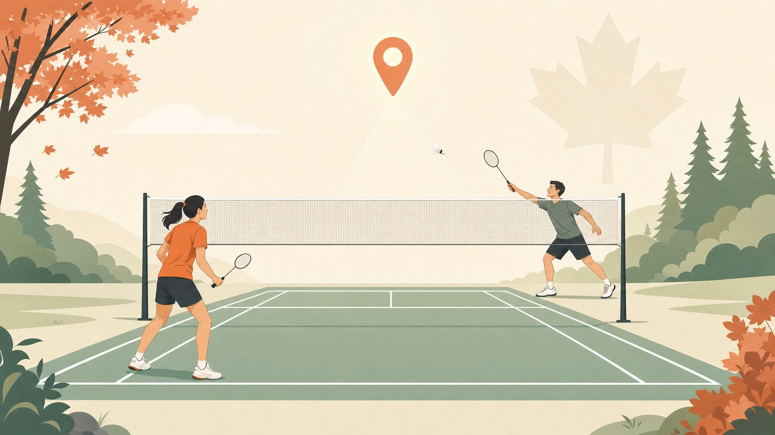 Flat vector banner of a badminton court with a map pin, shuttlecock, and rackets for finding free courts in Canada