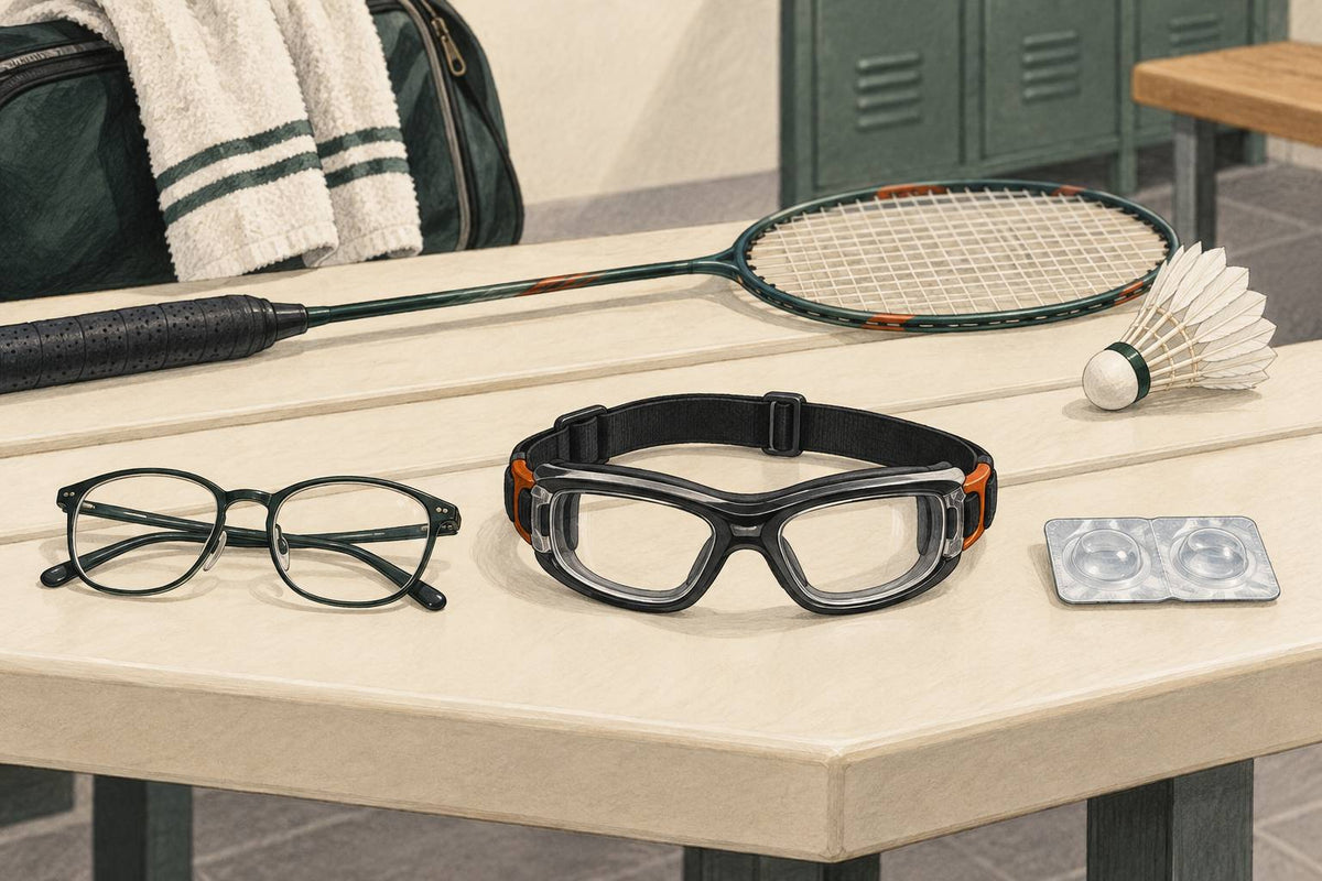 Lunettes ordinaires, boîte de lentilles cornéennes et lunettes de sport à sangle à côté d’équipement de badminton.
