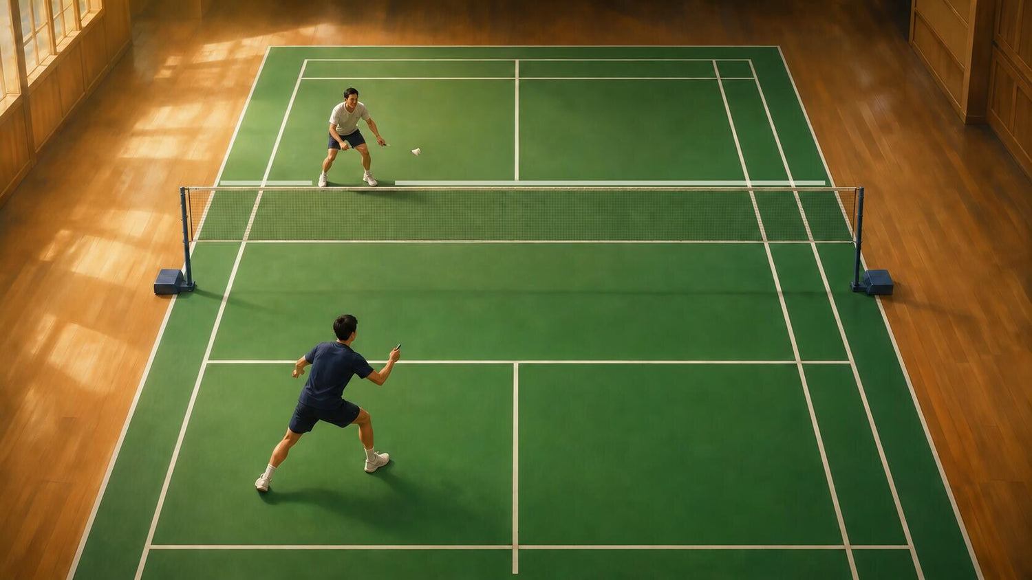 Deux adultes échangent sur une moitié longitudinale d’un terrain de badminton intérieur tandis que l’autre moitié reste vide