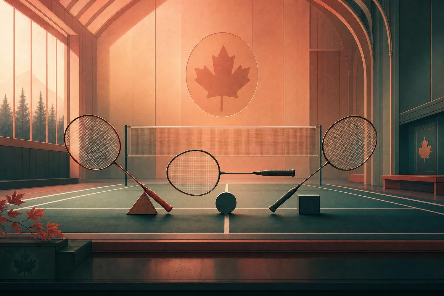 Three badminton rackets balanced on an indoor court to show head-heavy, even-balance, and head-light racket feel.