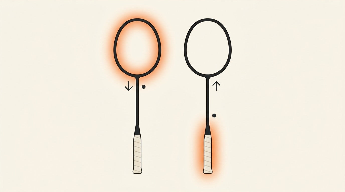 Two badminton rackets side by side, one with an orange glow around the head and one around the handle, showing head-heavy versus head-light balance points.