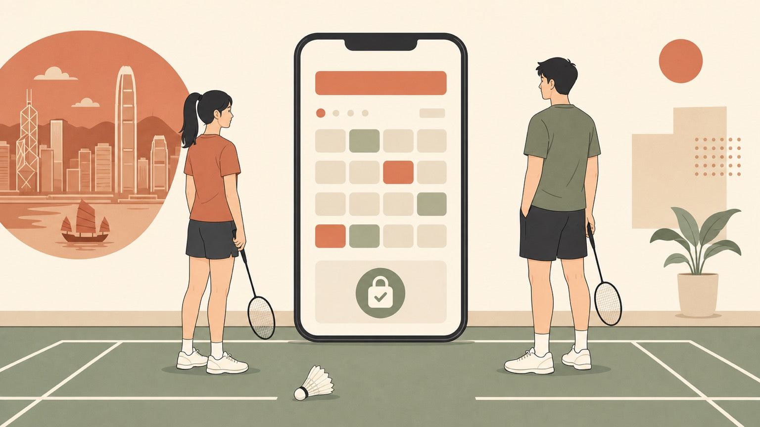 Flat vector illustration of badminton players beside a Hong Kong-style public court booking app and badminton court