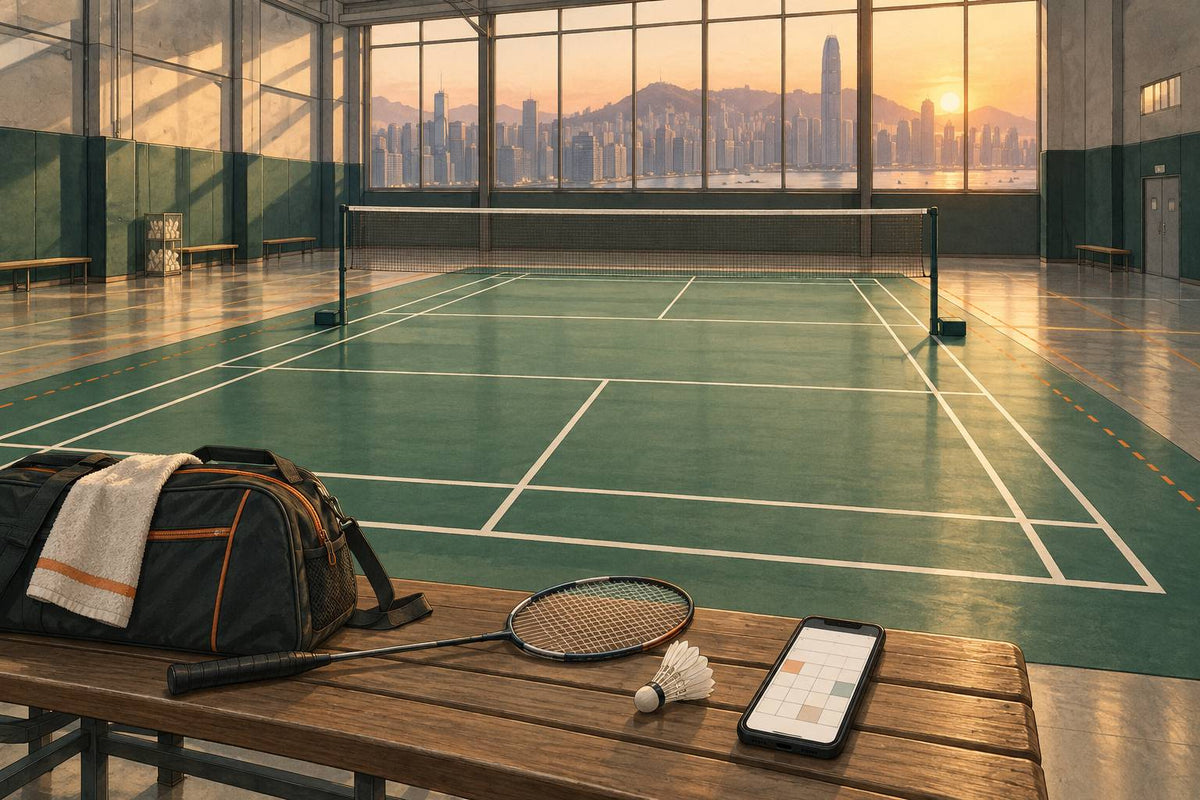Editorial illustration of an empty urban badminton court and a generic booking phone.