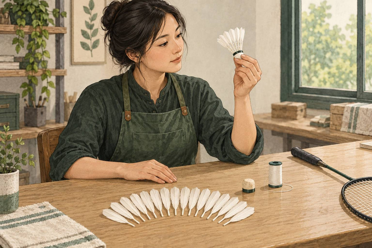 Editorial illustration of a shuttle maker examining one finished feather shuttle beside sorted materials.