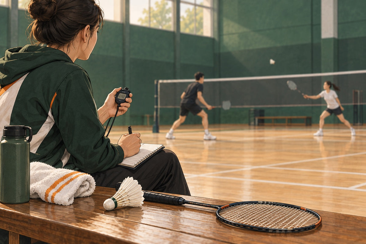 A courtside stopwatch and notebook help separate rally time from the pause before the next serve.