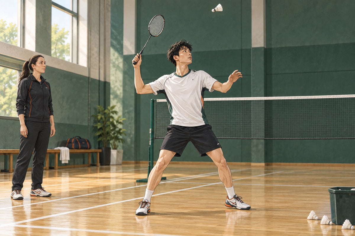 A player practises a controlled shot while a coach observes one part of the technique.