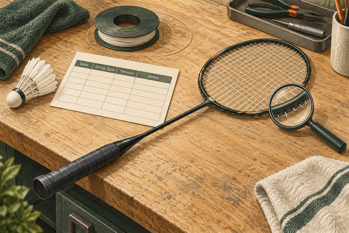 An unbranded badminton racket beside a magnifier, string reel and empty service-history card.